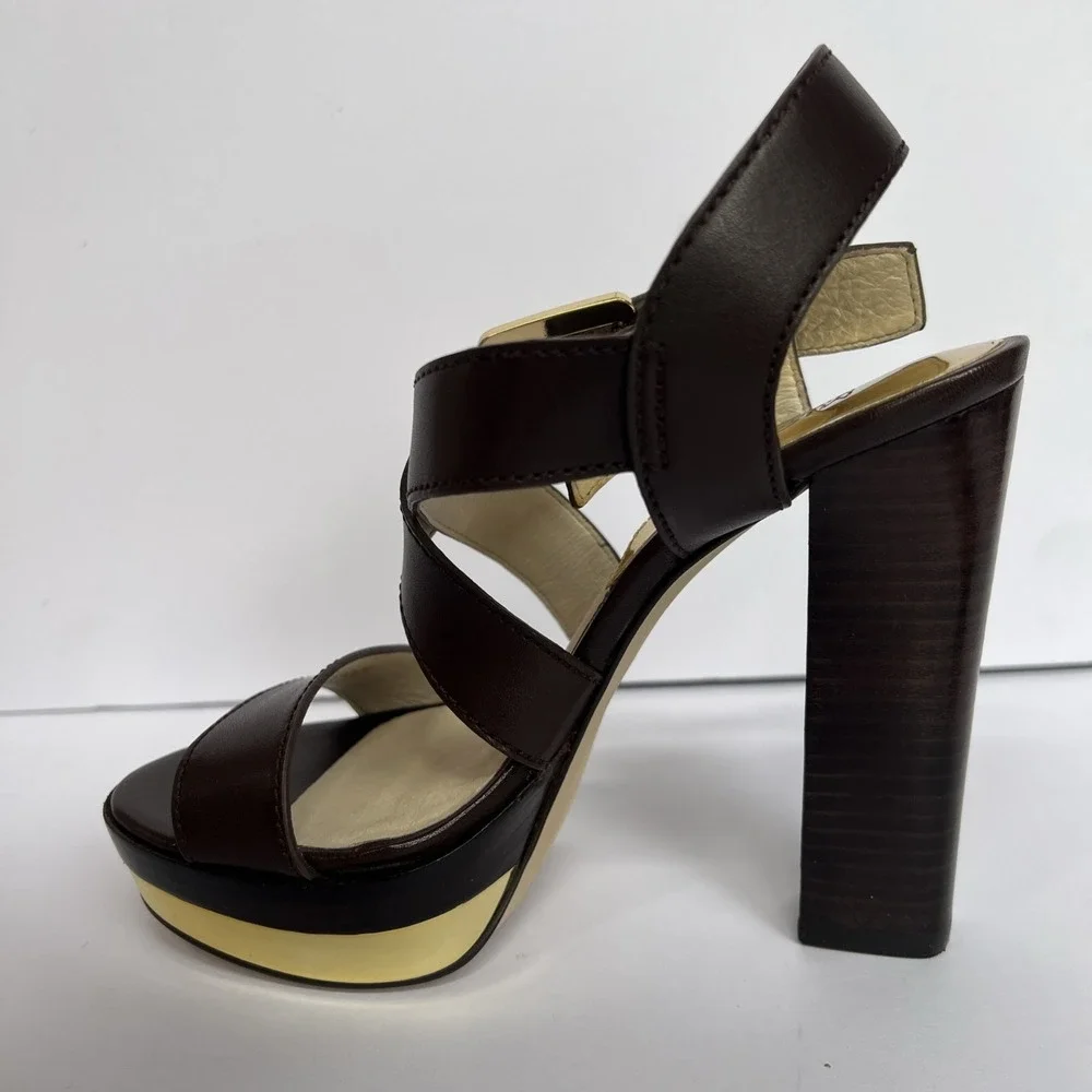 Michael Kors Women Brown Sz 5M Solid Leather High Platform Heels NEW w/box